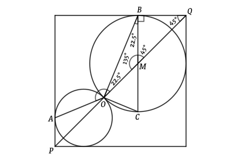 From the figure, connect the diagonal of the square, draw the diameter of the bigger circle through B and connect the other end of the diameter to O