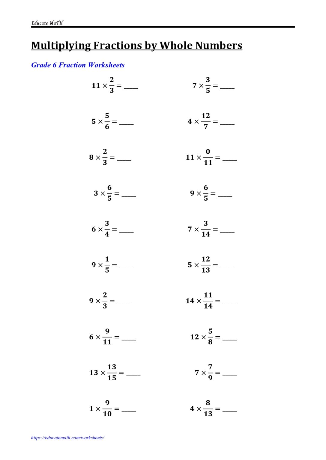 Math worksheet multiplying whole numbers and fractions