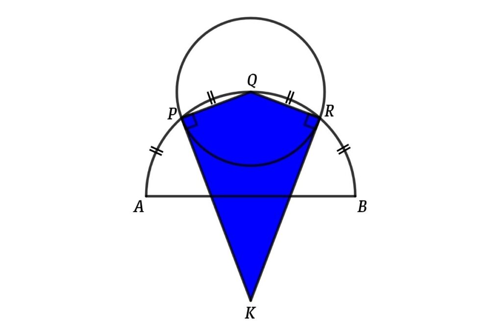 From figure AB = 4 cm and arc AP = PQ = QR = RB. PQ and QR are radii of the circle and PK and RK are tangents of the circle. Then find the area of the kite PQRK